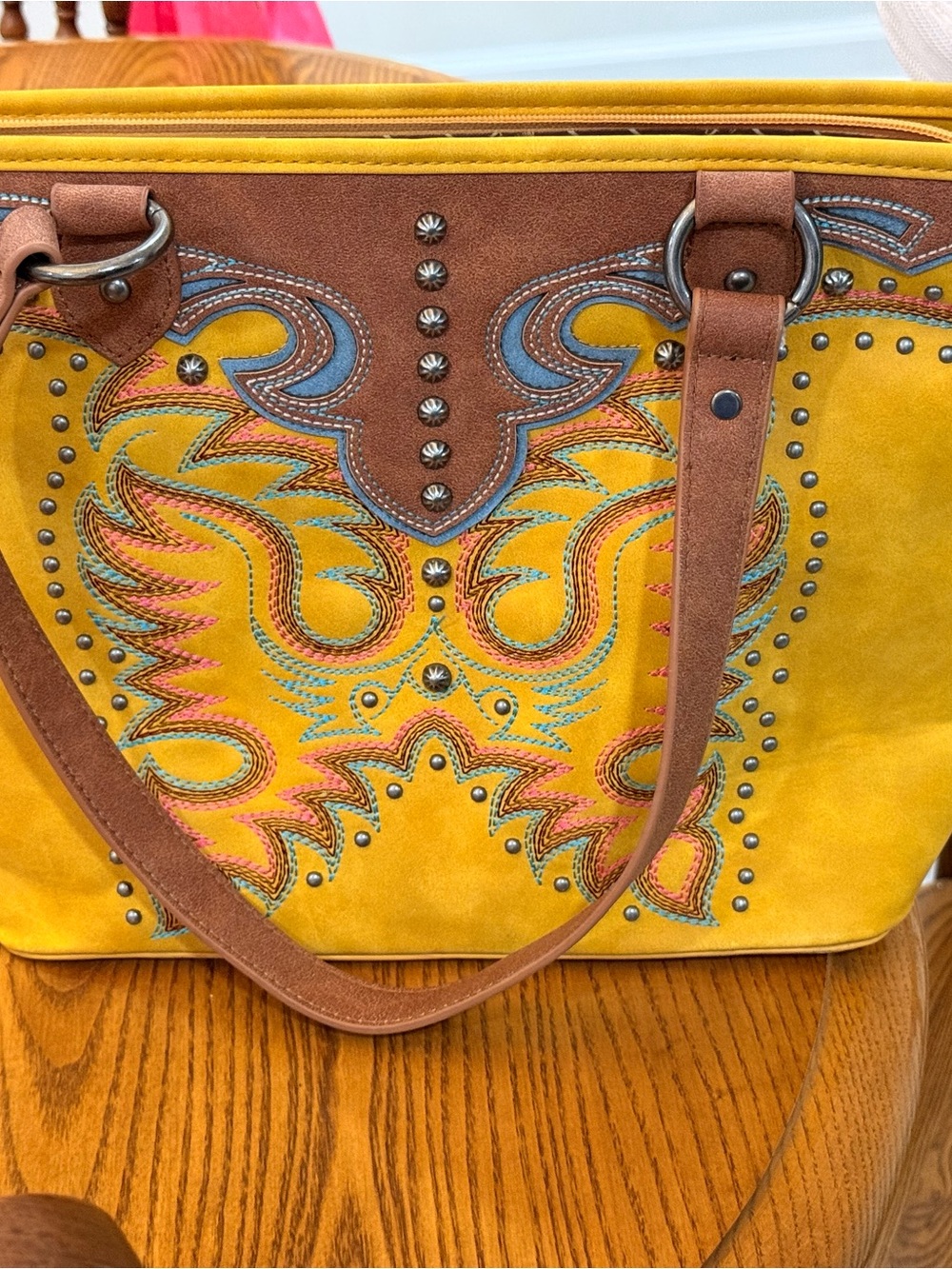 Yellow Embroidered Leather Tote Concealed Carry